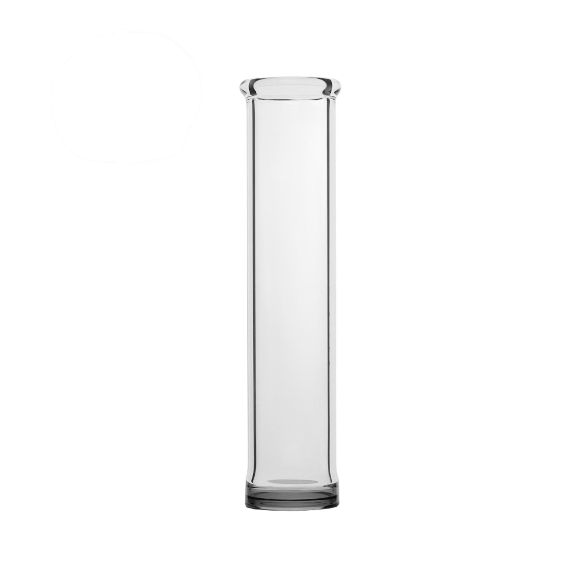 A straight-on view of the Totem Tube Top, a clear glass tube with a simple, minimalist design. A straight-on view of the Totem Tube Top, a clear glass tube with a simple, minimalist design.