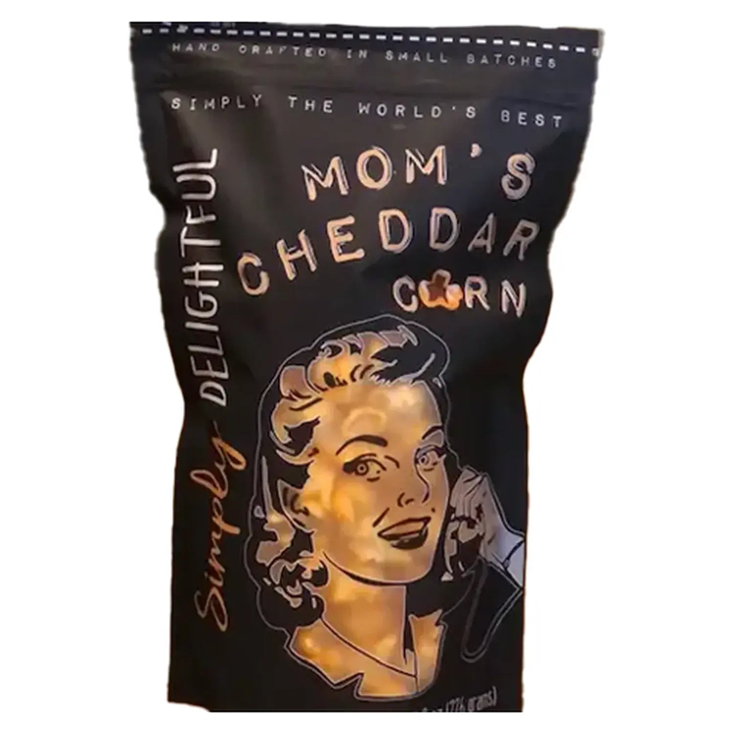 A close-up of Simply Delightful Mom's Cheddar Popcorn packaging with bold lettering against a neutral background. A close-up of Simply Delightful Mom's Cheddar Popcorn packaging with bold lettering against a neutral background.
