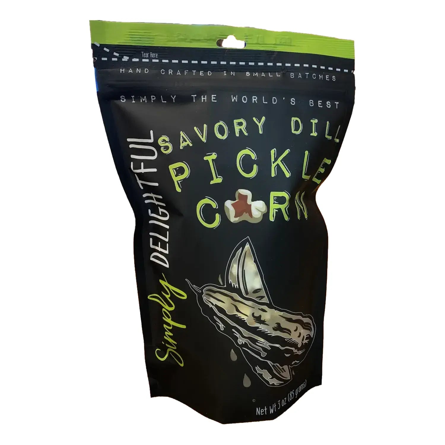 Front view of Simply Delightful Savory Dill Pickle Popcorn in a colorful, sealed bag with text details. Front view of Simply Delightful Savory Dill Pickle Popcorn in a colorful, sealed bag with text details.