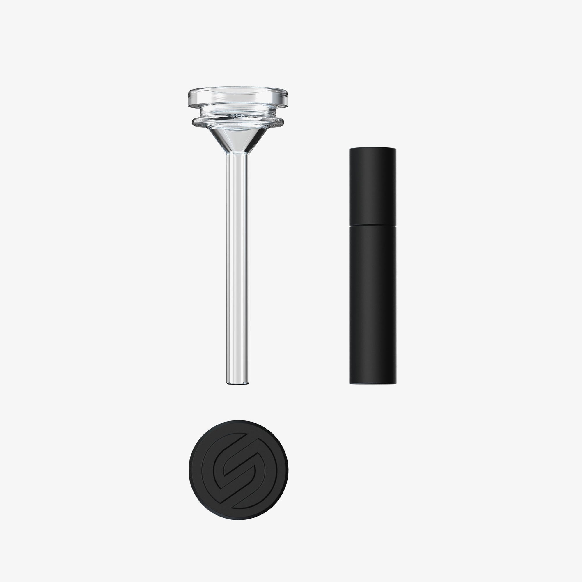 Front view of the Pier Bubbler Kit, a clear glass tube with a black cap, shown against a white backdrop. Front view of the Pier Bubbler Kit, a clear glass tube with a black cap, shown against a white backdrop.