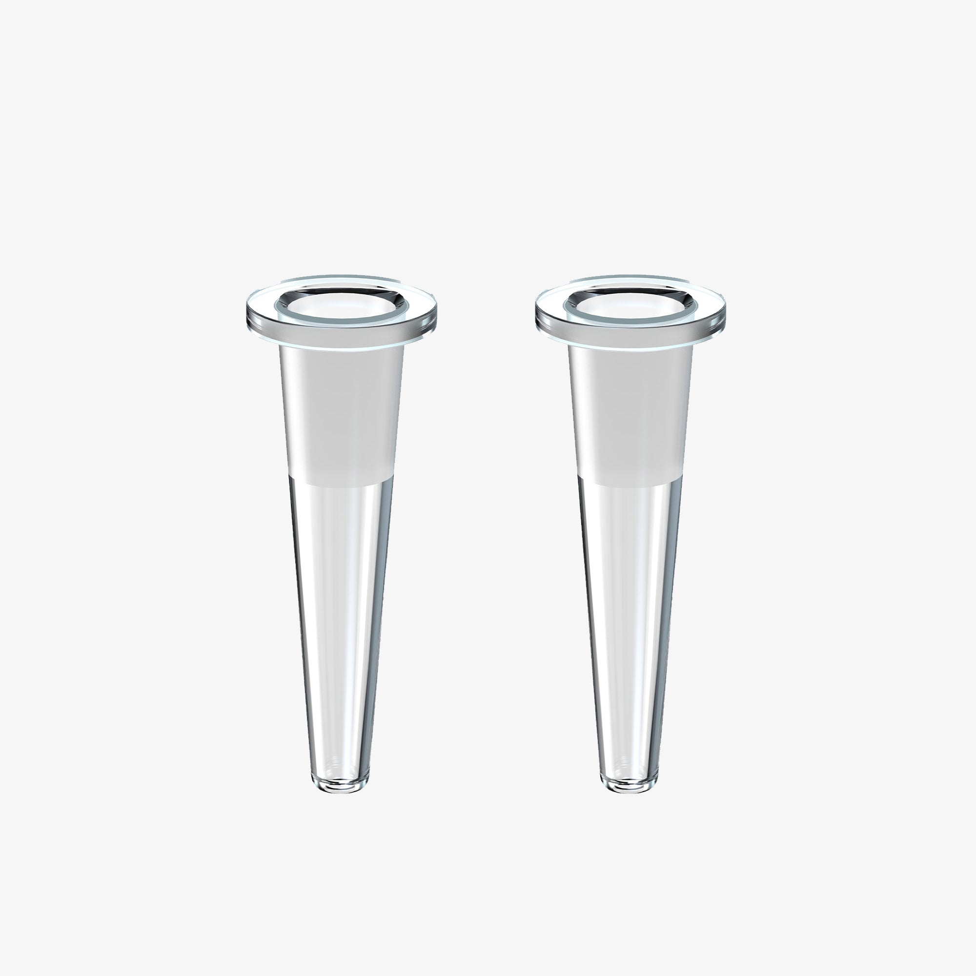 A studio shot of the Totem Downstem 2-Pack, displaying two clear glass downstems arranged side-by-side on a white background. A studio shot of the Totem Downstem 2-Pack, displaying two clear glass downstems arranged side-by-side on a white background.