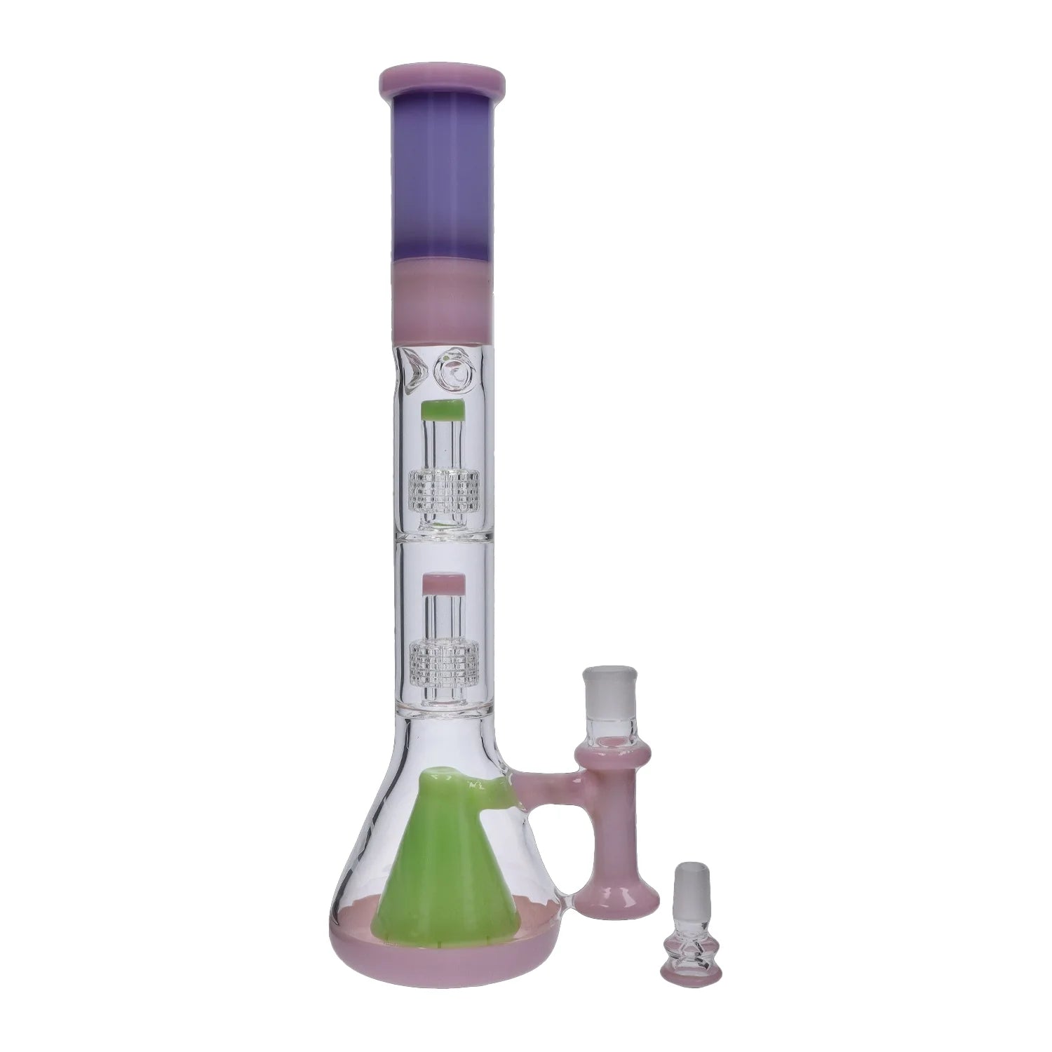 A front view of the 19.7-inch Retro Pastel Beaker with Dual Tree & Pyramid Perc Water Pipe, showcasing its pastel coloring and beaker shape. A front view of the 19.7-inch Retro Pastel Beaker with Dual Tree & Pyramid Perc Water Pipe, showcasing its pastel coloring and beaker shape.