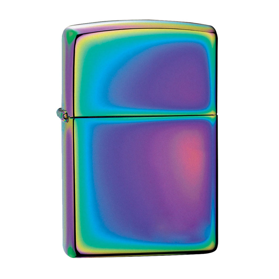A front view of the iridescent Zippo Lighter, reflecting light with a metallic sheen. A front view of the iridescent Zippo Lighter, reflecting light with a metallic sheen.