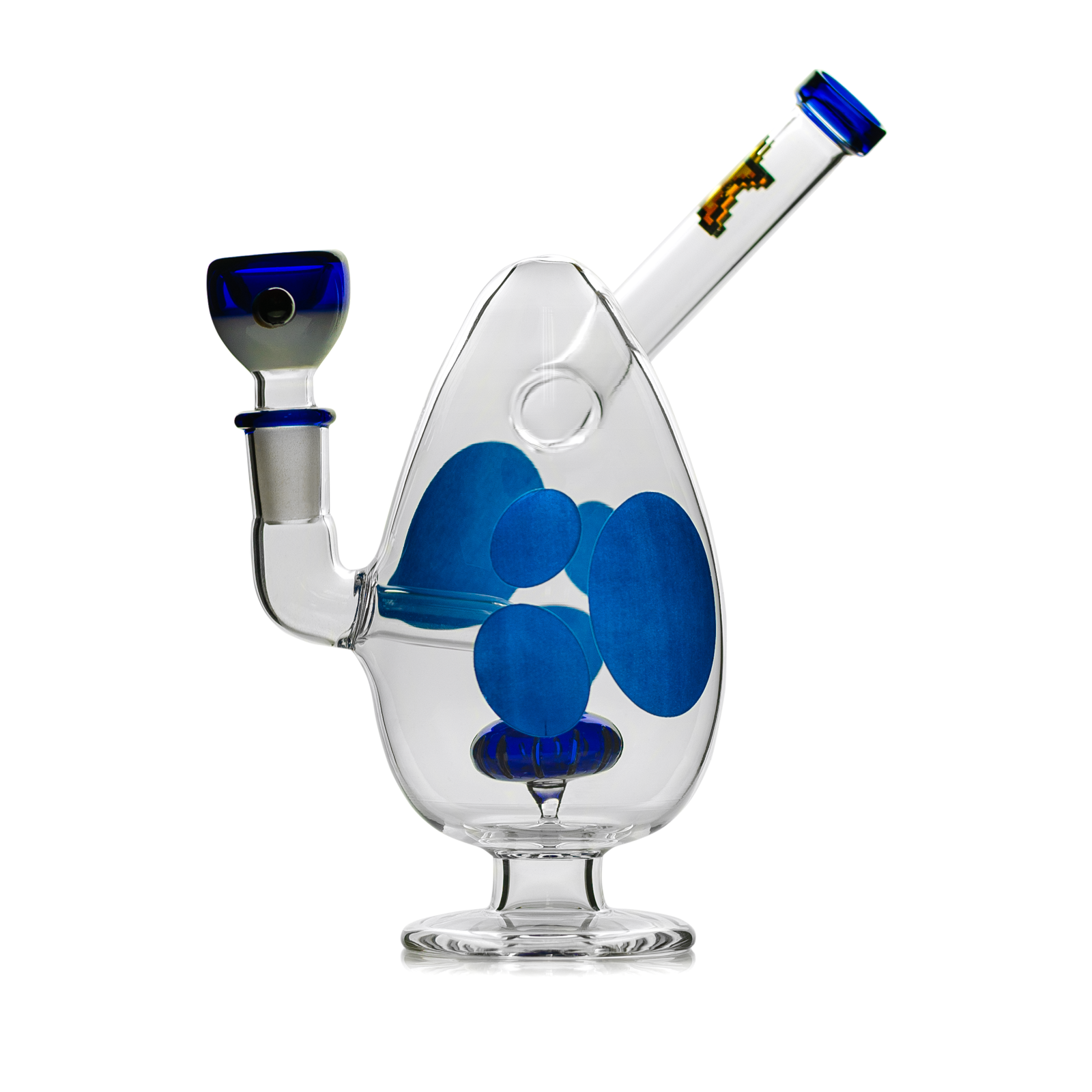 Front view of the Spotted Egg Bong, a clear glass water pipe with blue speckled detailing and a rounded base. Front view of the Spotted Egg Bong, a clear glass water pipe with blue speckled detailing and a rounded base.