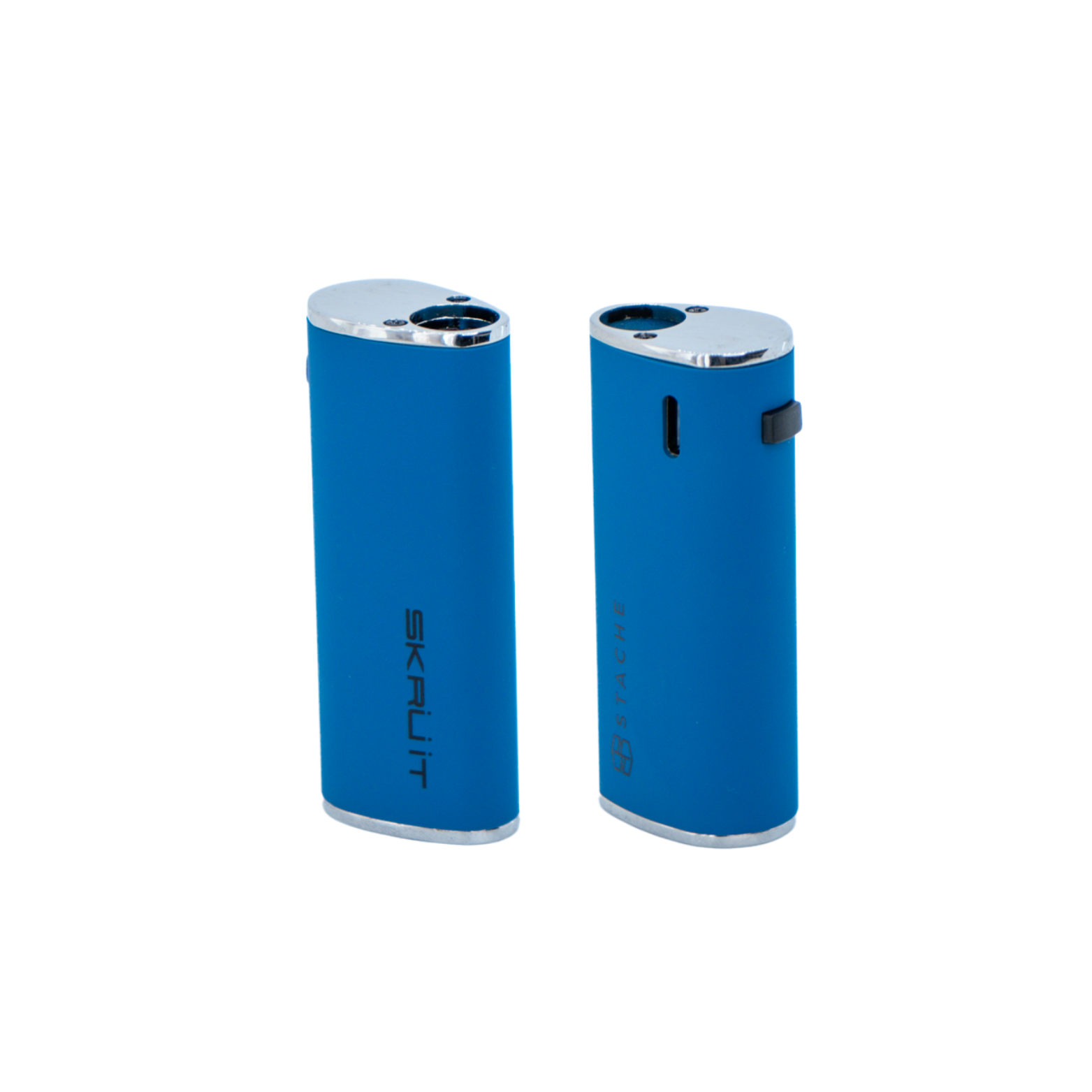 A side view of the Skruit Dual Connection Vape Battery, showcasing its sleek, cylindrical shape on a plain white background. A side view of the Skruit Dual Connection Vape Battery, showcasing its sleek, cylindrical shape on a plain white background.