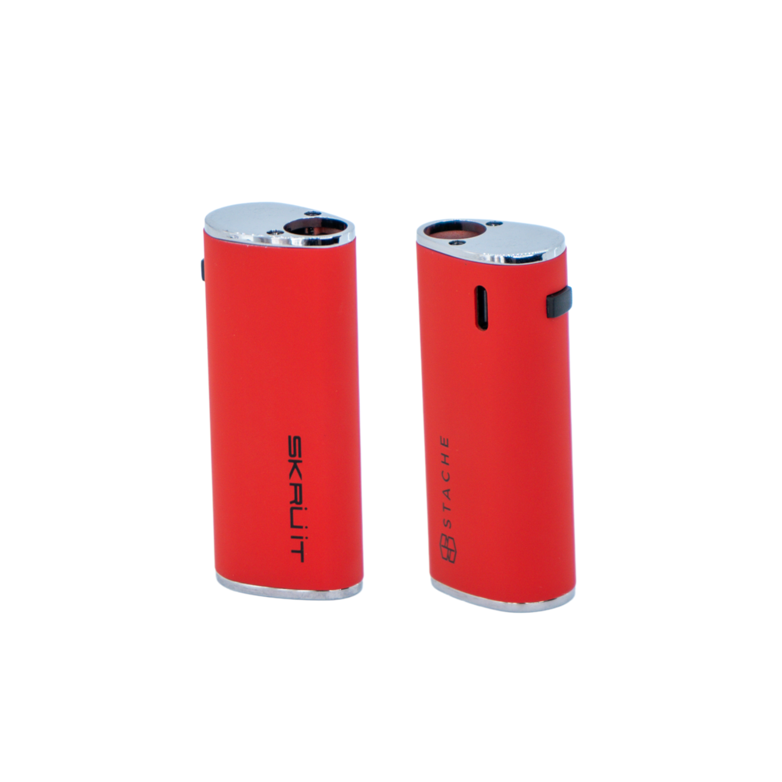 Front view of the Skruit Dual Connection Vape Battery, a sleek, cylindrical device on a plain white background. Front view of the Skruit Dual Connection Vape Battery, a sleek, cylindrical device on a plain white background.
