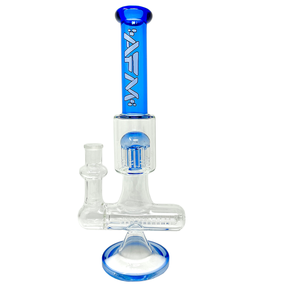 A studio shot of the 12" Sidewinder Inline Perc Glass Bong, showing its blue glass construction and vertical arrangement. A studio shot of the 12" Sidewinder Inline Perc Glass Bong, showing its blue glass construction and vertical arrangement.