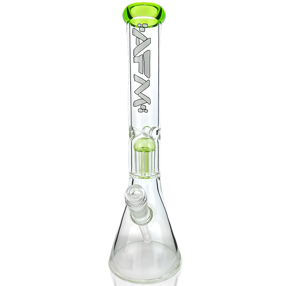A straight-on view of the 18" Hitter Single Arm Perc 9mm Glass Beaker Bong, showing its clear glass construction and simple beaker shape. A straight-on view of the 18" Hitter Single Arm Perc 9mm Glass Beaker Bong, showing its clear glass construction and simple beaker shape.