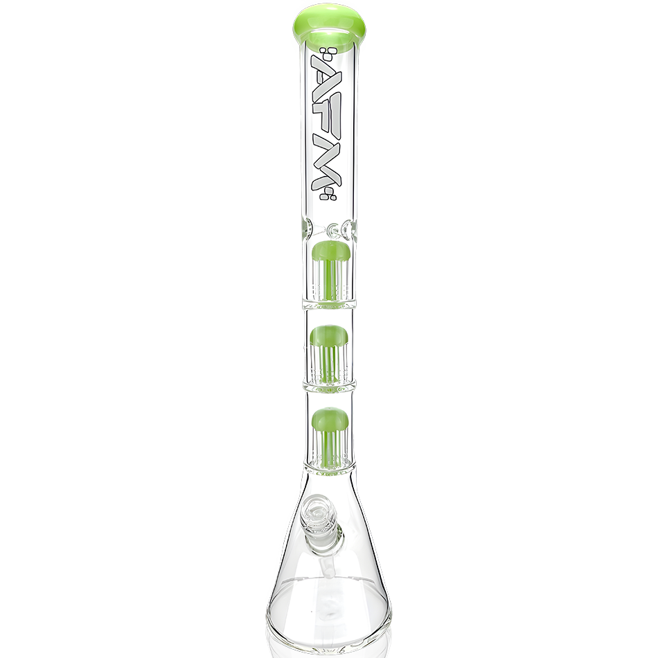A front view of the 21" Hitter Triple Tree Perc 9mm Beaker Bong, showcasing its clear glass construction and beaker shape. A front view of the 21" Hitter Triple Tree Perc 9mm Beaker Bong, showcasing its clear glass construction and beaker shape.