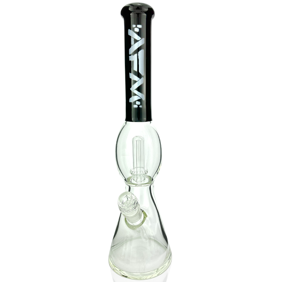Front view of the 18" UFO Color Sleeve Glass Beaker Bong, showcasing its clear glass construction and colorful sleeve detail. Front view of the 18" UFO Color Sleeve Glass Beaker Bong, showcasing its clear glass construction and colorful sleeve detail.