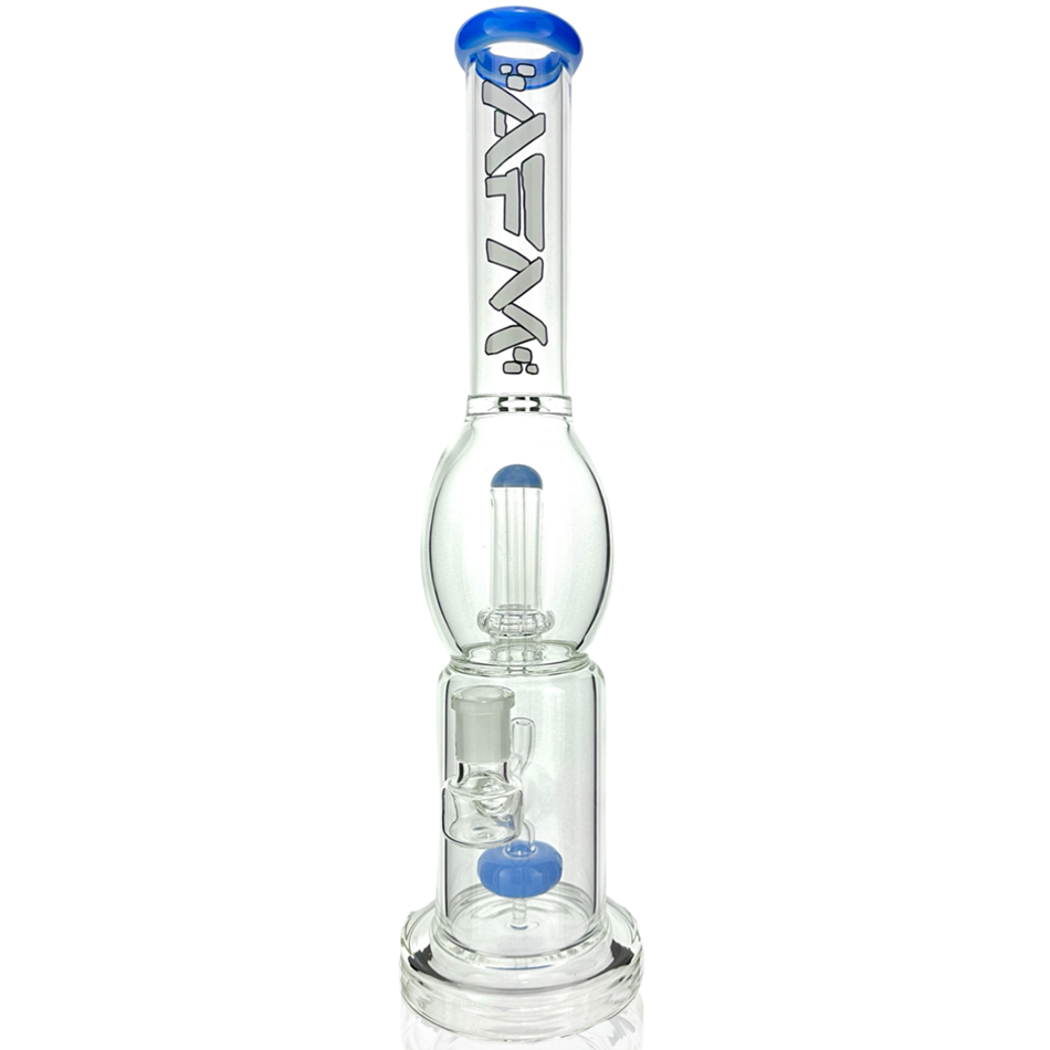 A front view of the 16" Double Circle Shower-head Perc Glass Bong, showing its clear glass construction and rounded design. A front view of the 16" Double Circle Shower-head Perc Glass Bong, showing its clear glass construction and rounded design.