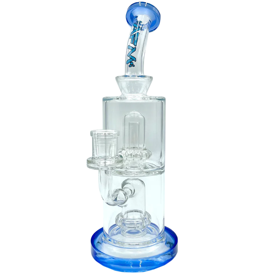 A front view of the UFO Double Perc Glass Rig, displaying its transparent glass construction and unique perc design. A front view of the UFO Double Perc Glass Rig, displaying its transparent glass construction and unique perc design.