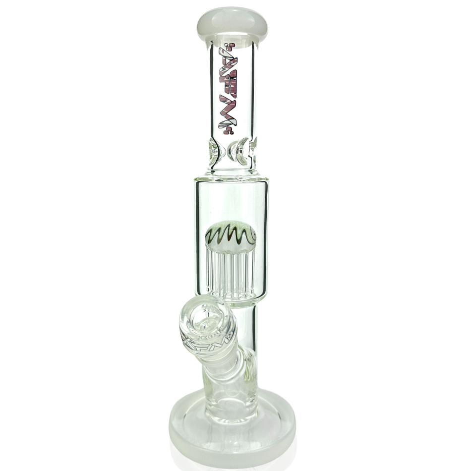 A three-quarter view of the 11" Wigwag Reversal Tree Perc Glass Bong, showcasing its clear glass construction and intricate perc design. A three-quarter view of the 11" Wigwag Reversal Tree Perc Glass Bong, showcasing its clear glass construction and intricate perc design.