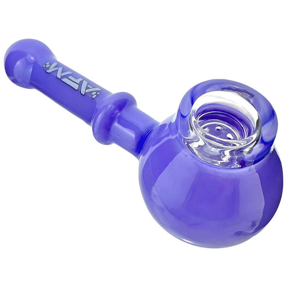 A studio shot of The Kenny Pipe, a blue glass pipe angled slightly to showcase its rounded bowl and smooth form. A studio shot of The Kenny Pipe, a blue glass pipe angled slightly to showcase its rounded bowl and smooth form.