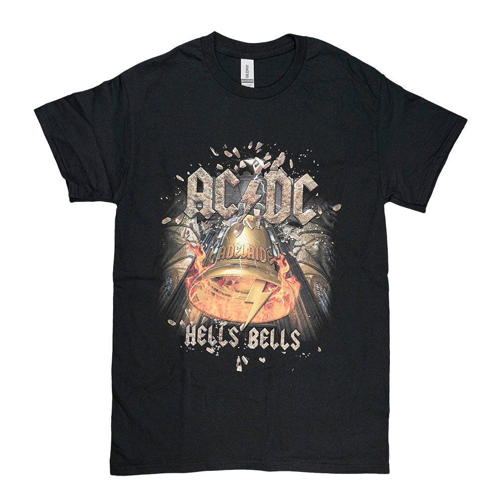 Front view of the AC/DC Hells Bells T-Shirt, showcasing a dark graphic design on a black cotton tee. Front view of the AC/DC Hells Bells T-Shirt, showcasing a dark graphic design on a black cotton tee.
