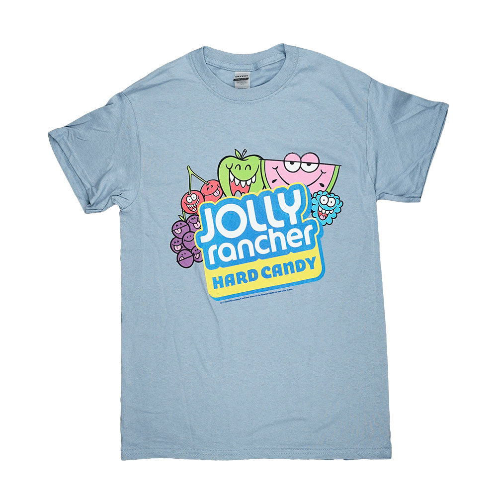 A front view of the Jolly Rancher T-Shirt, featuring a vibrant, colorful design on a light blue background. A front view of the Jolly Rancher T-Shirt, featuring a vibrant, colorful design on a light blue background.