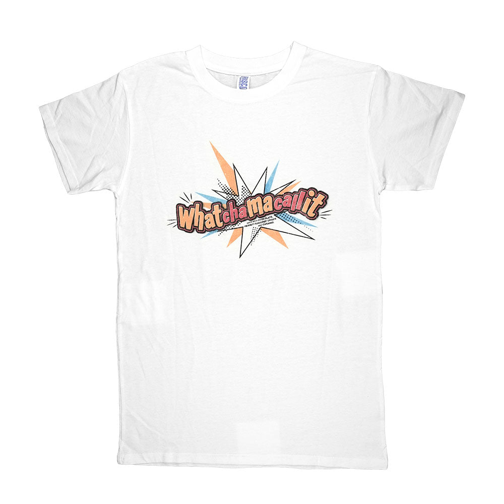 Front view of the Whatchamacallit T-Shirt, featuring a colorful, patterned design on a light-colored garment. Front view of the Whatchamacallit T-Shirt, featuring a colorful, patterned design on a light-colored garment.