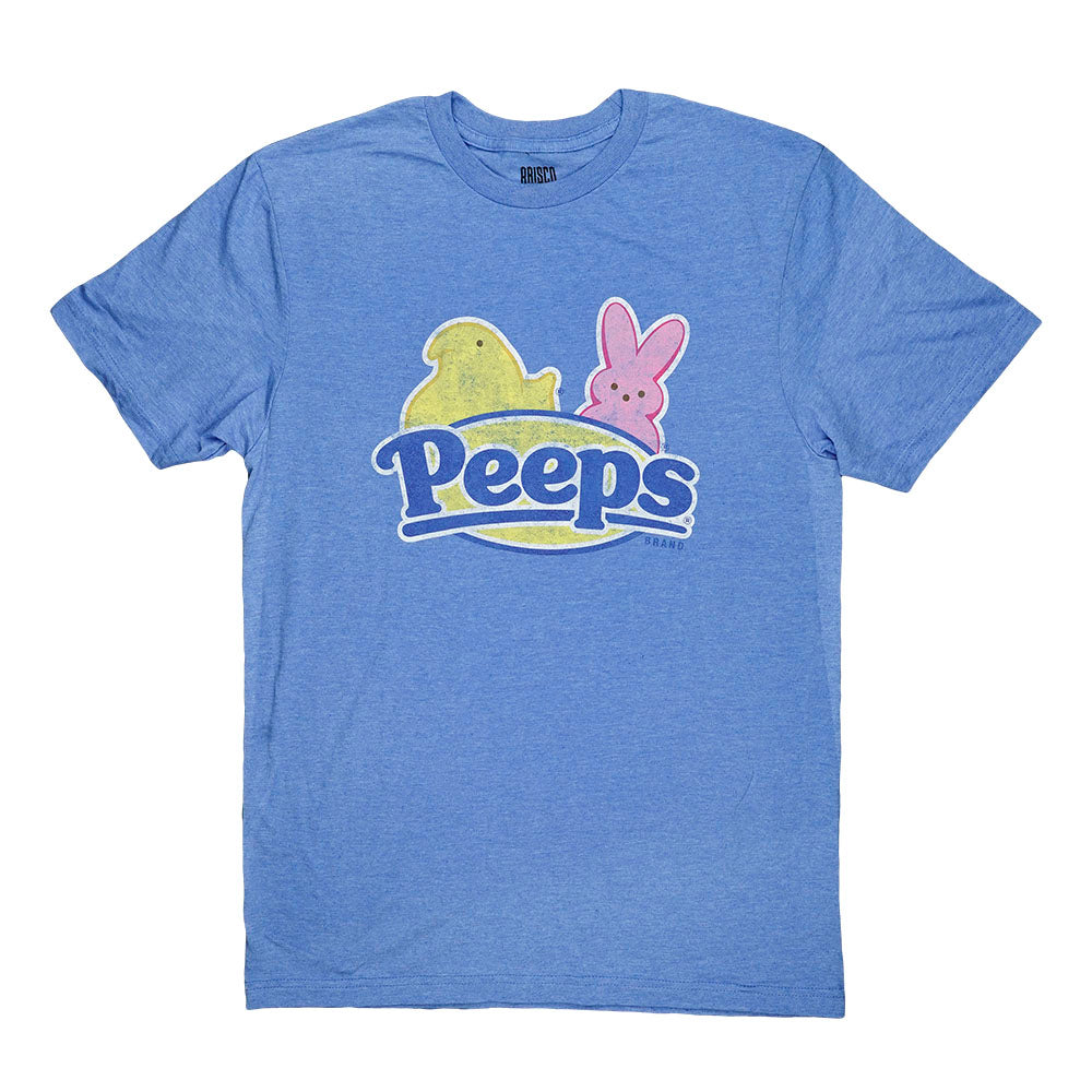 Front view of the Peeps T-Shirt, displaying a colorful brand logo against a solid blue background. Front view of the Peeps T-Shirt, displaying a colorful brand logo against a solid blue background.