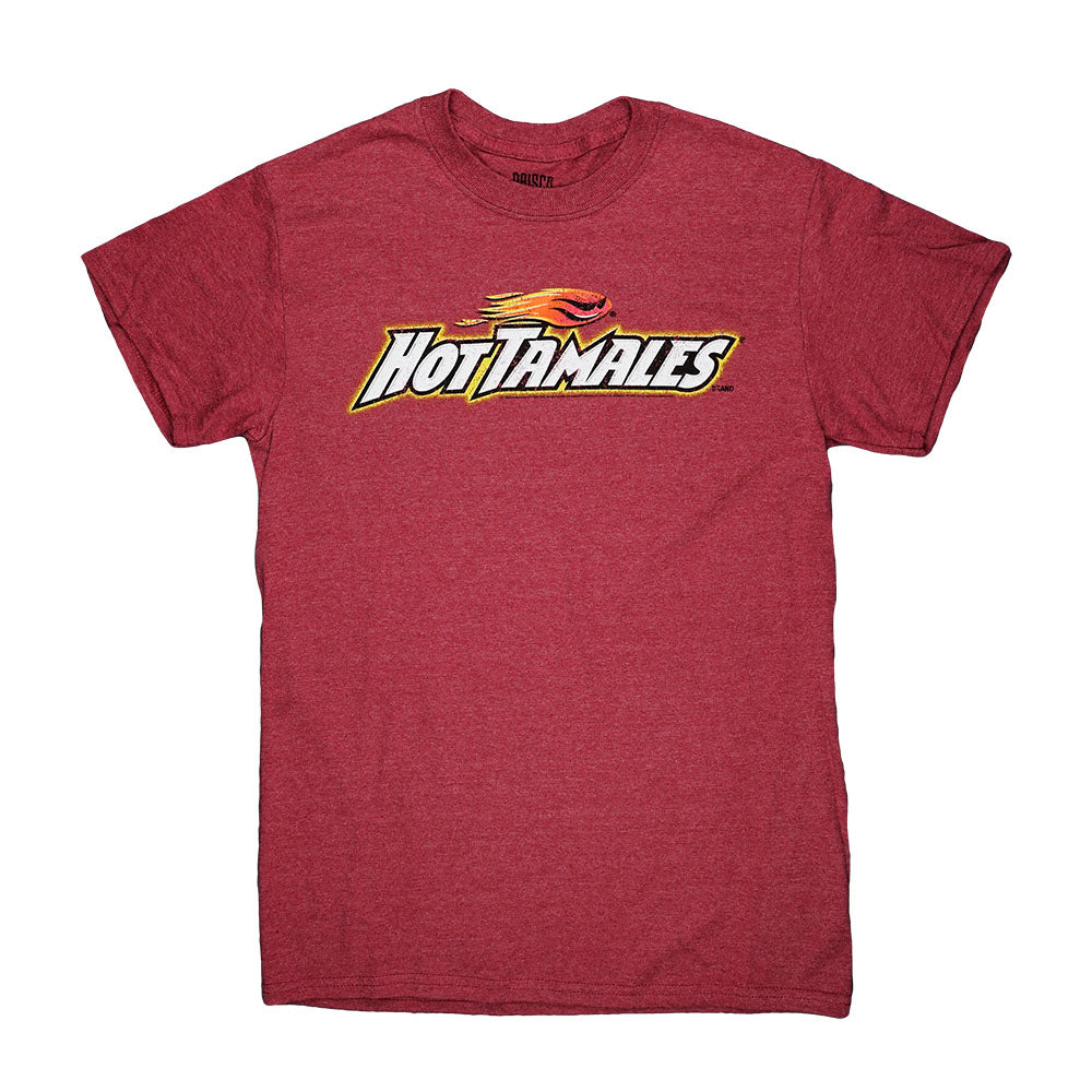 Front view of the Hot Tamales T-Shirt, a dark red crewneck tee with a simple, clean design. Front view of the Hot Tamales T-Shirt, a dark red crewneck tee with a simple, clean design.