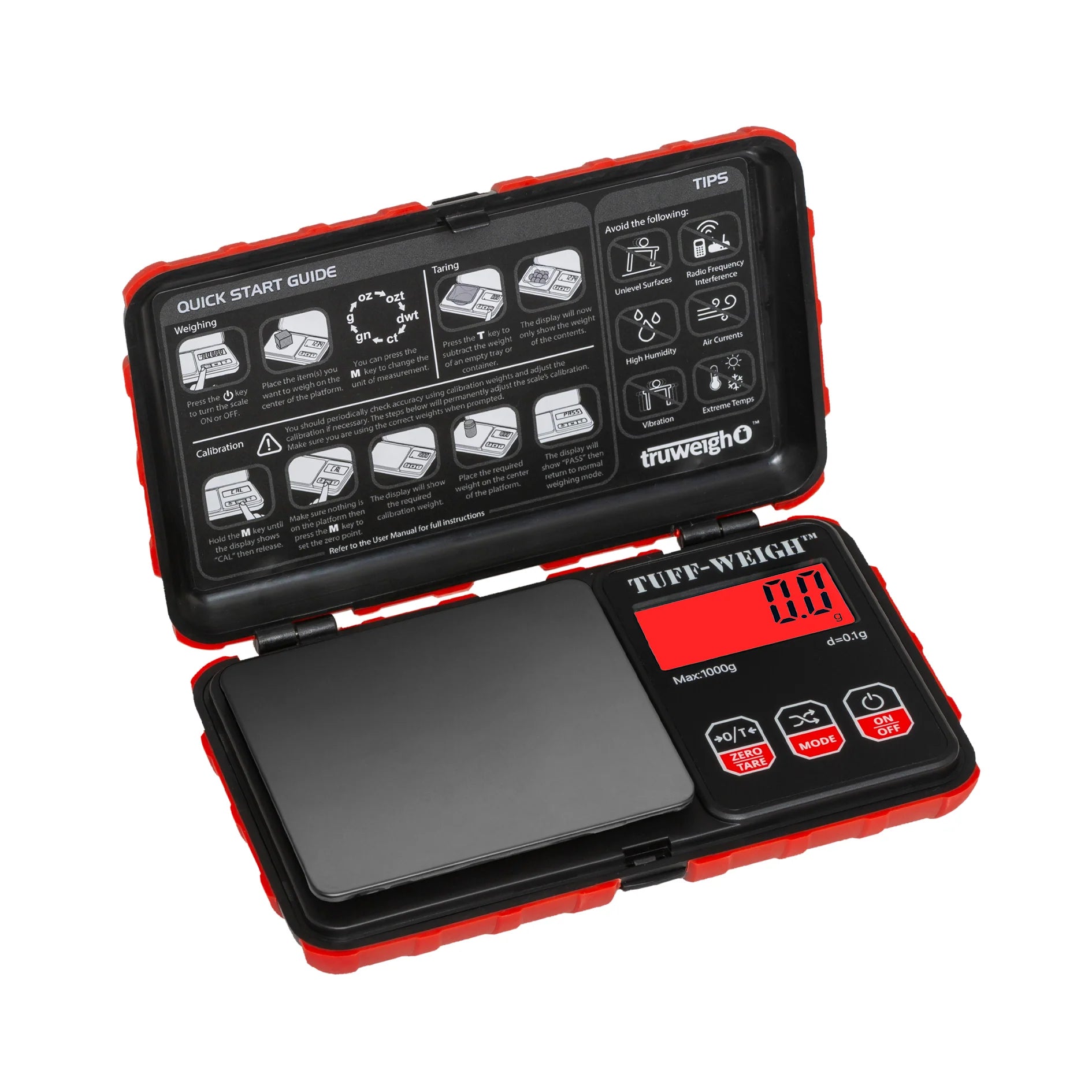 Overhead view of the Tuff-Weigh 1000g x 0.1g Scale with a digital display and buttons, showing close-up details of the scale's face. Overhead view of the Tuff-Weigh 1000g x 0.1g Scale with a digital display and buttons, showing close-up details of the scale's face.