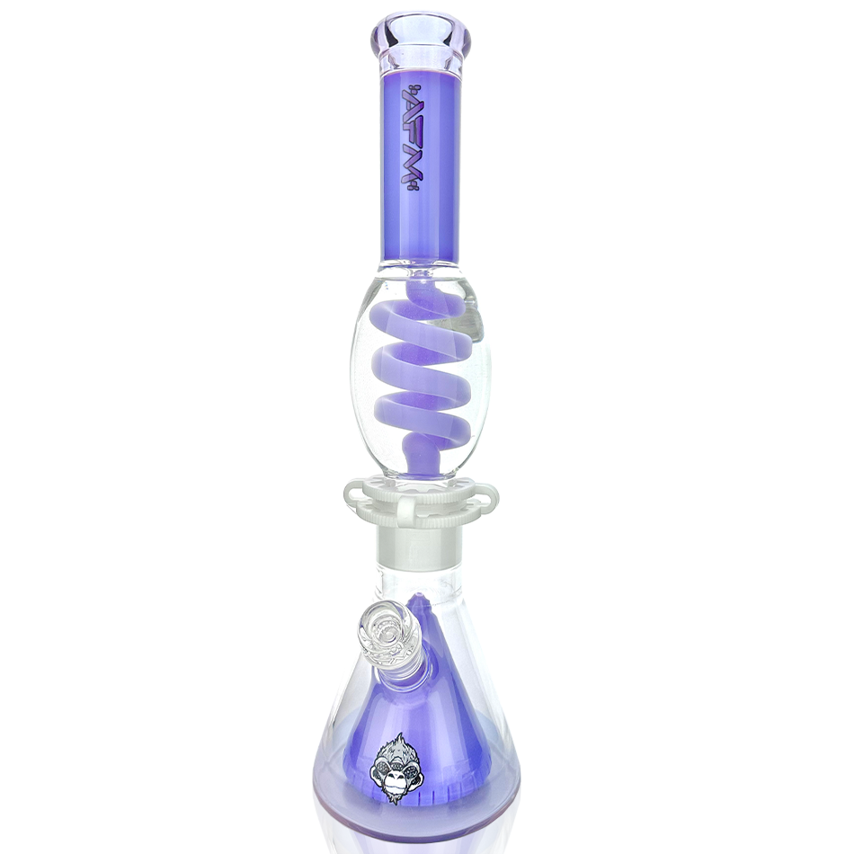 A three-quarter view of the 16" UFO Pyramid Glass Freezable Coil Beaker Bong, featuring a coiled design and clear glass construction. A three-quarter view of the 16" UFO Pyramid Glass Freezable Coil Beaker Bong, featuring a coiled design and clear glass construction.