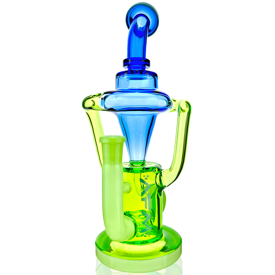 A front view of the Palermo Double Glass Recycler Dab Rig, showing its blue glass construction and unique recycler design on a white surface. A front view of the Palermo Double Glass Recycler Dab Rig, showing its blue glass construction and unique recycler design on a white surface.