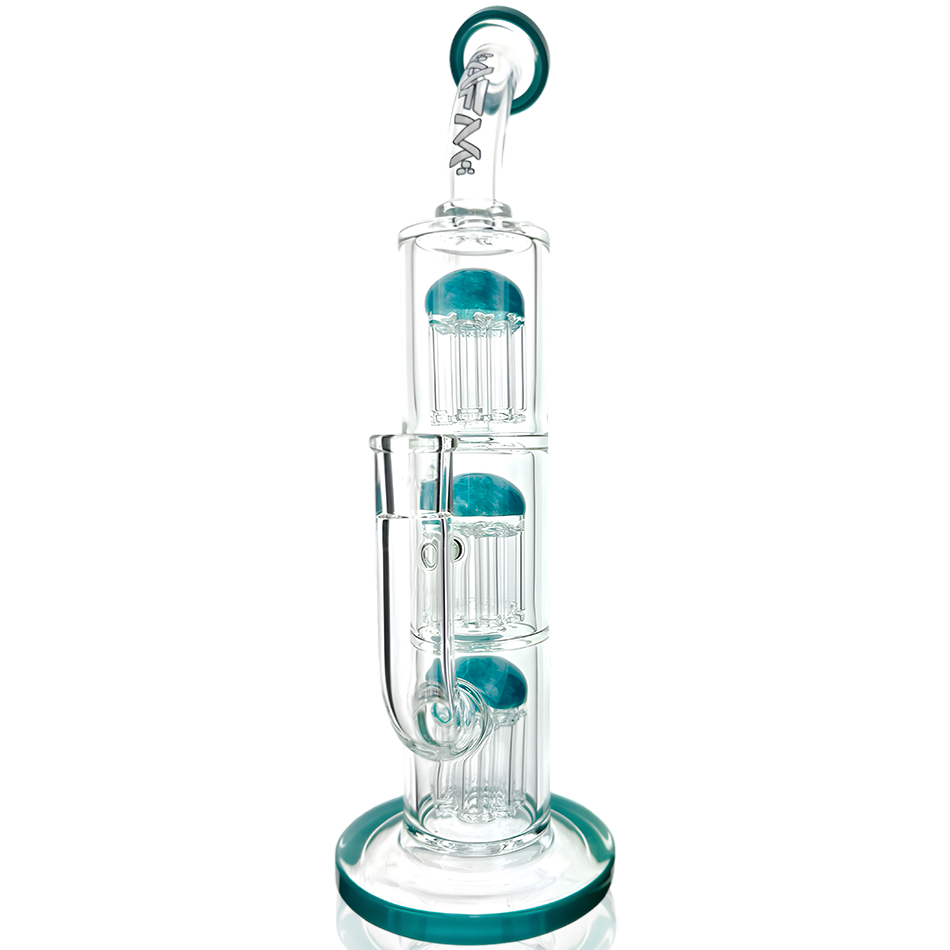 A front view of the Triple Arm Perc Glass Bong, showing its clear glass construction and multiple arms extending from the central chamber. A front view of the Triple Arm Perc Glass Bong, showing its clear glass construction and multiple arms extending from the central chamber.