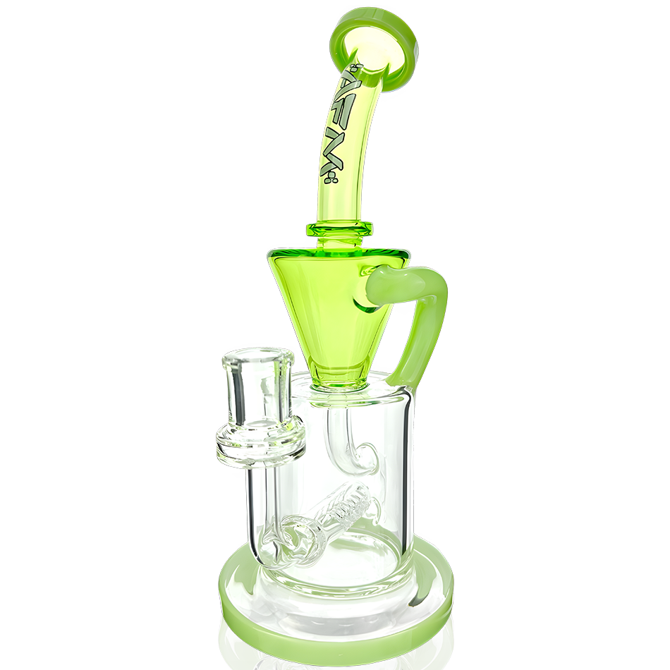 Front view of the Drain Recycler Double Color Inline Rig, featuring a green and clear glass design with a unique bubbler shape. Front view of the Drain Recycler Double Color Inline Rig, featuring a green and clear glass design with a unique bubbler shape.