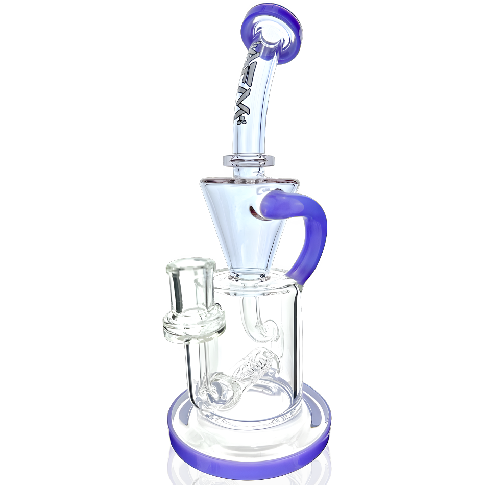 A three-quarter view of the Drain Recycler Double Color Inline Rig, showing the colorful glass curves and recycler design. A three-quarter view of the Drain Recycler Double Color Inline Rig, showing the colorful glass curves and recycler design.