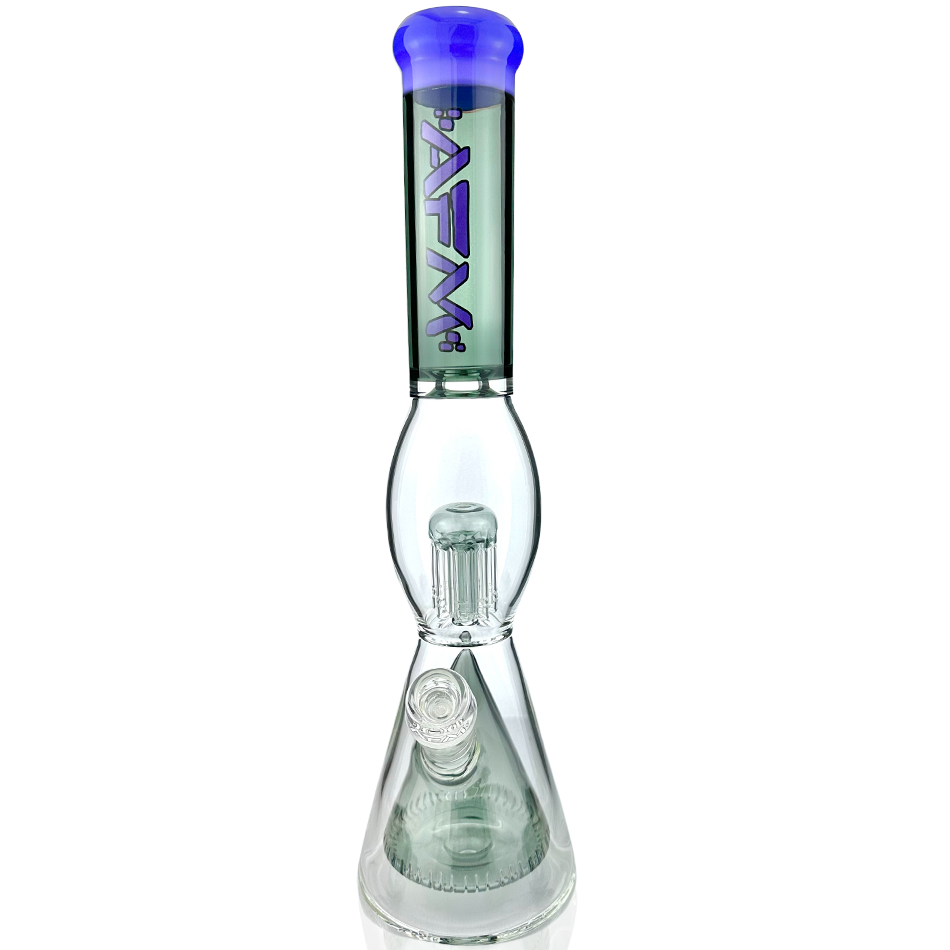 A front view of the 16" UFO Pyramid Perc Glass Beaker Bong, showcasing its clear glass construction and pyramid percolator. A front view of the 16" UFO Pyramid Perc Glass Beaker Bong, showcasing its clear glass construction and pyramid percolator.