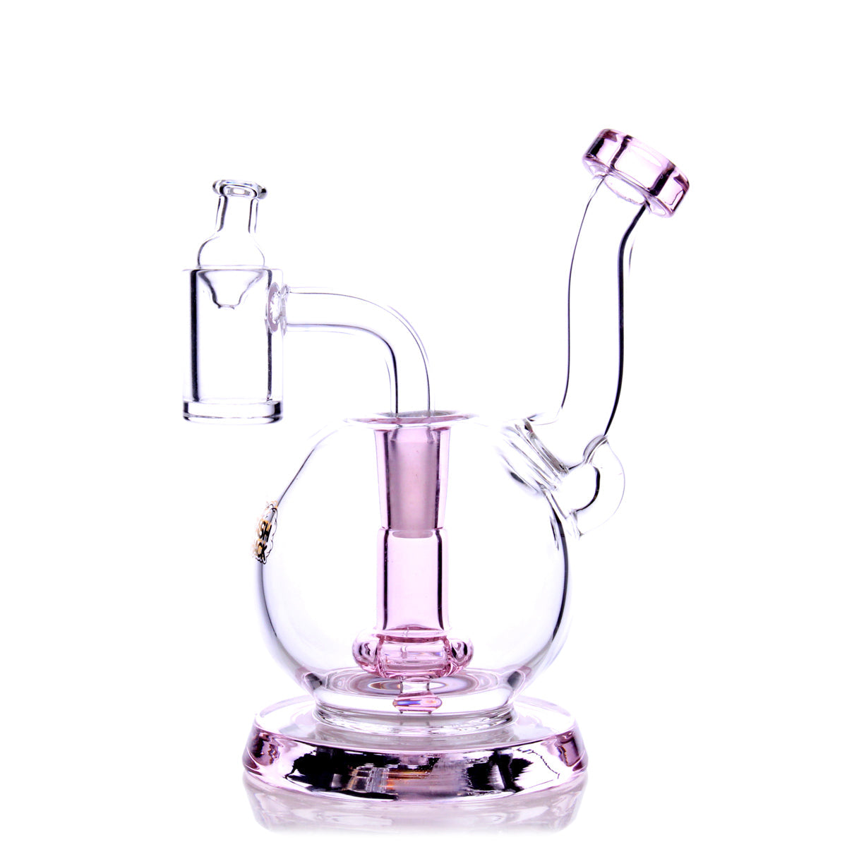 A front view of the TerpGlobe Mini Rig, showing the clear glass water pipe angled slightly on a white background. A front view of the TerpGlobe Mini Rig, showing the clear glass water pipe angled slightly on a white background.
