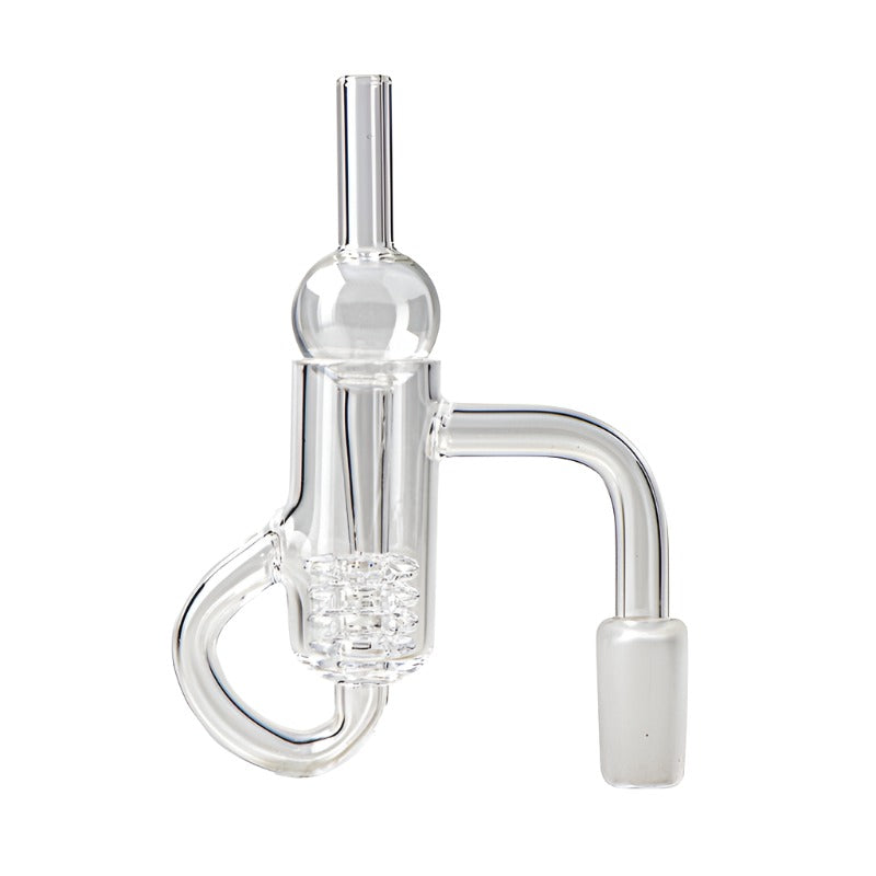 A close-up, angled view of the Terp Recycler Quartz Banger Set, showcasing its clear glass construction and intricate internal design. A close-up, angled view of the Terp Recycler Quartz Banger Set, showcasing its clear glass construction and intricate internal design.