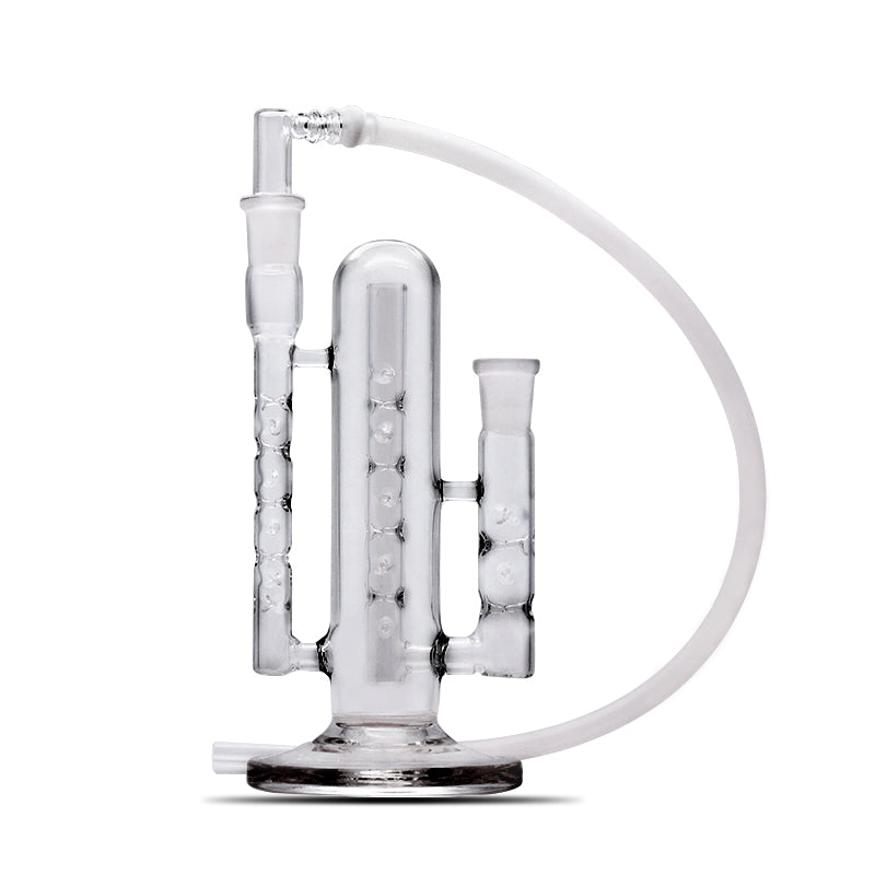 Front view of The Cactus Cooling Whip Dry Pipe, a clear glass pipe with a curved cooling whip attached. Front view of The Cactus Cooling Whip Dry Pipe, a clear glass pipe with a curved cooling whip attached.