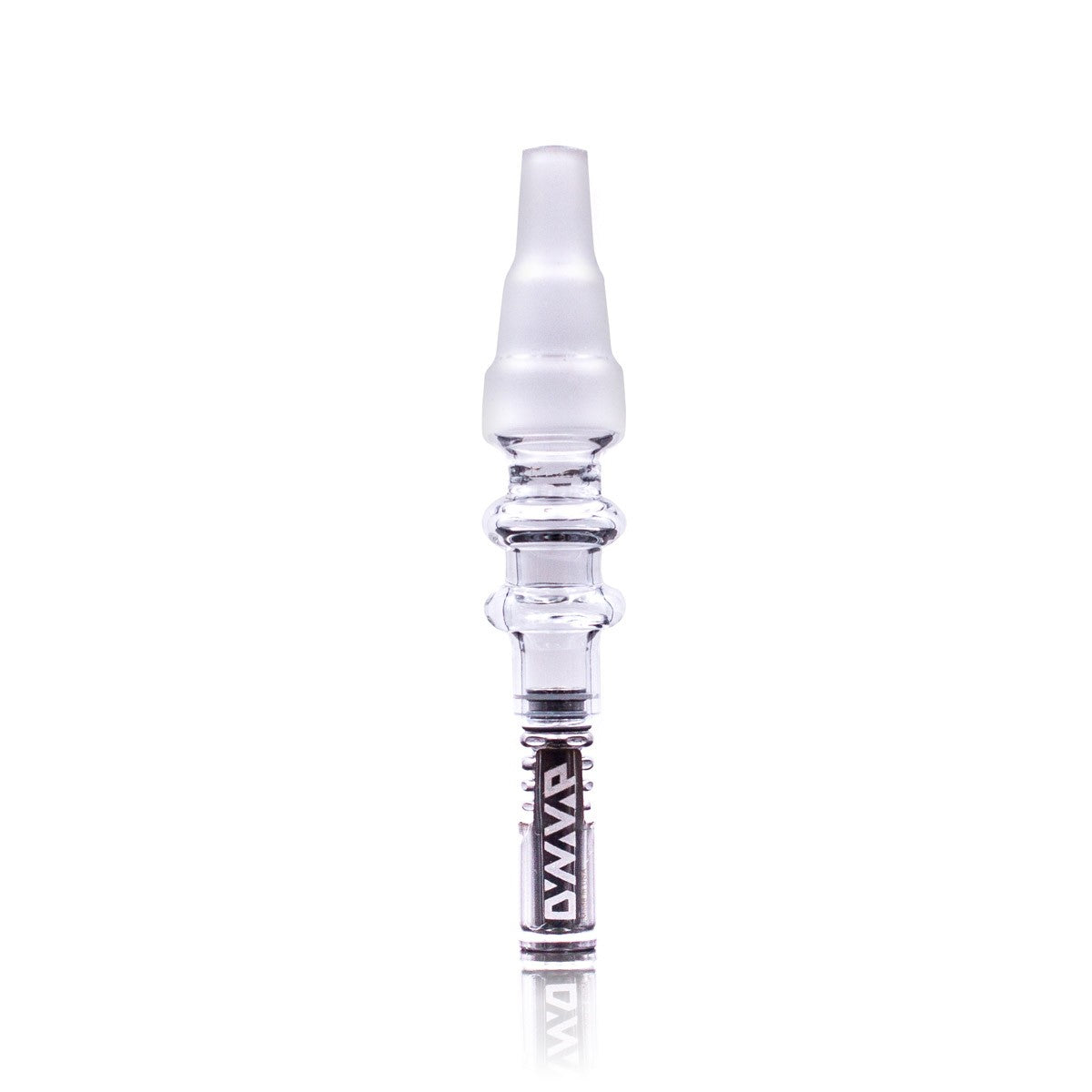 A centered, front view of the DynaVap Universal Glass Adapter, showcasing its clear glass construction and simple cylindrical design. A centered, front view of the DynaVap Universal Glass Adapter, showcasing its clear glass construction and simple cylindrical design.