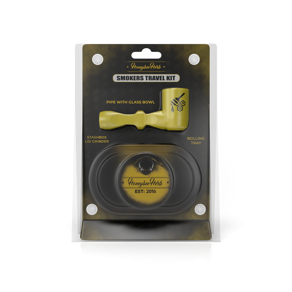 Front view of the Honeybee Travel Pipe Kit, highlighting the compact design and simple black case. Front view of the Honeybee Travel Pipe Kit, highlighting the compact design and simple black case.