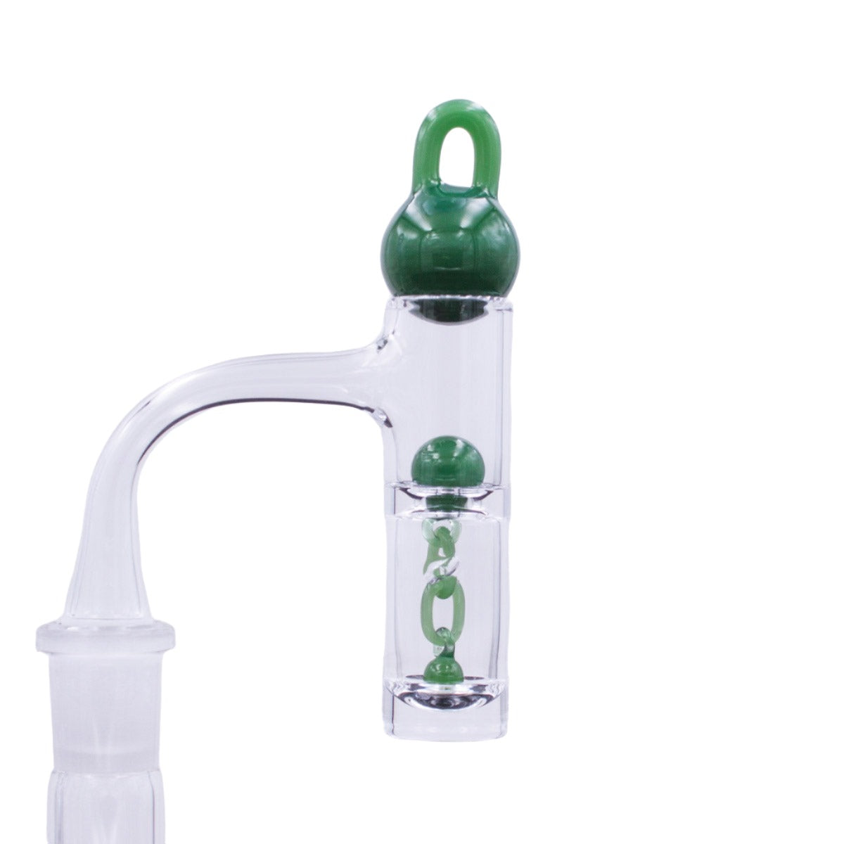 A close-up shows the Two Piece Terp Chain Slurper Set with a clear glass body and a green accent piece. A close-up shows the Two Piece Terp Chain Slurper Set with a clear glass body and a green accent piece.