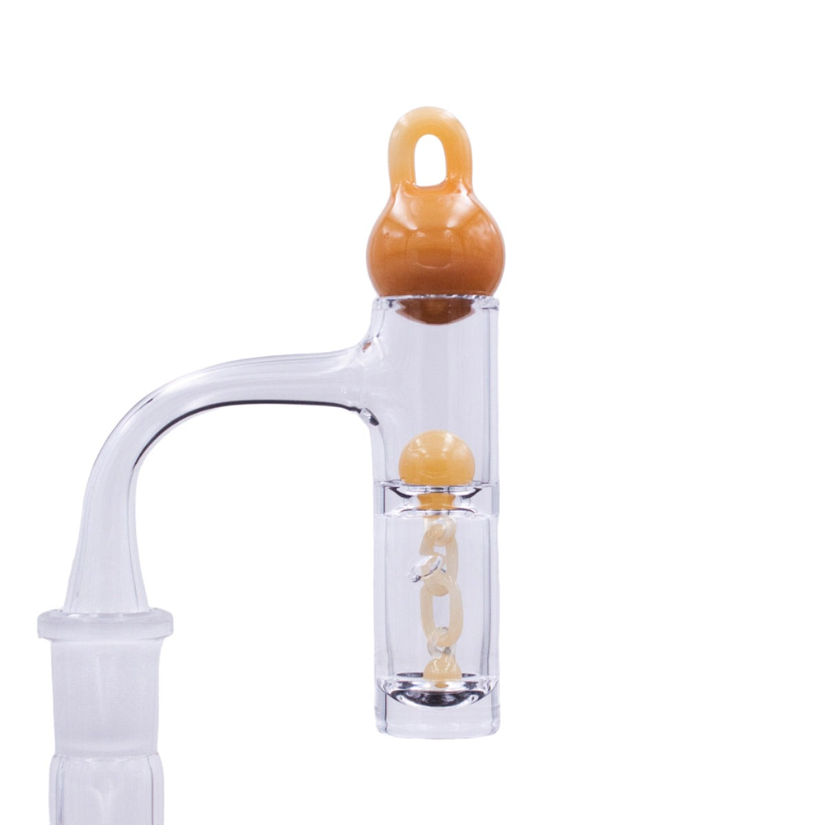 A close-up shows the Two Piece Terp Chain Slurper Set, featuring a clear glass tube with a colorful, chain-like accent inside. A close-up shows the Two Piece Terp Chain Slurper Set, featuring a clear glass tube with a colorful, chain-like accent inside.