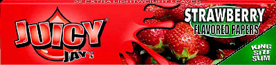 Front view of Strawberry King Size Slim Rolling Papers packaging featuring a vibrant strawberry design and bold lettering. Front view of Strawberry King Size Slim Rolling Papers packaging featuring a vibrant strawberry design and bold lettering.
