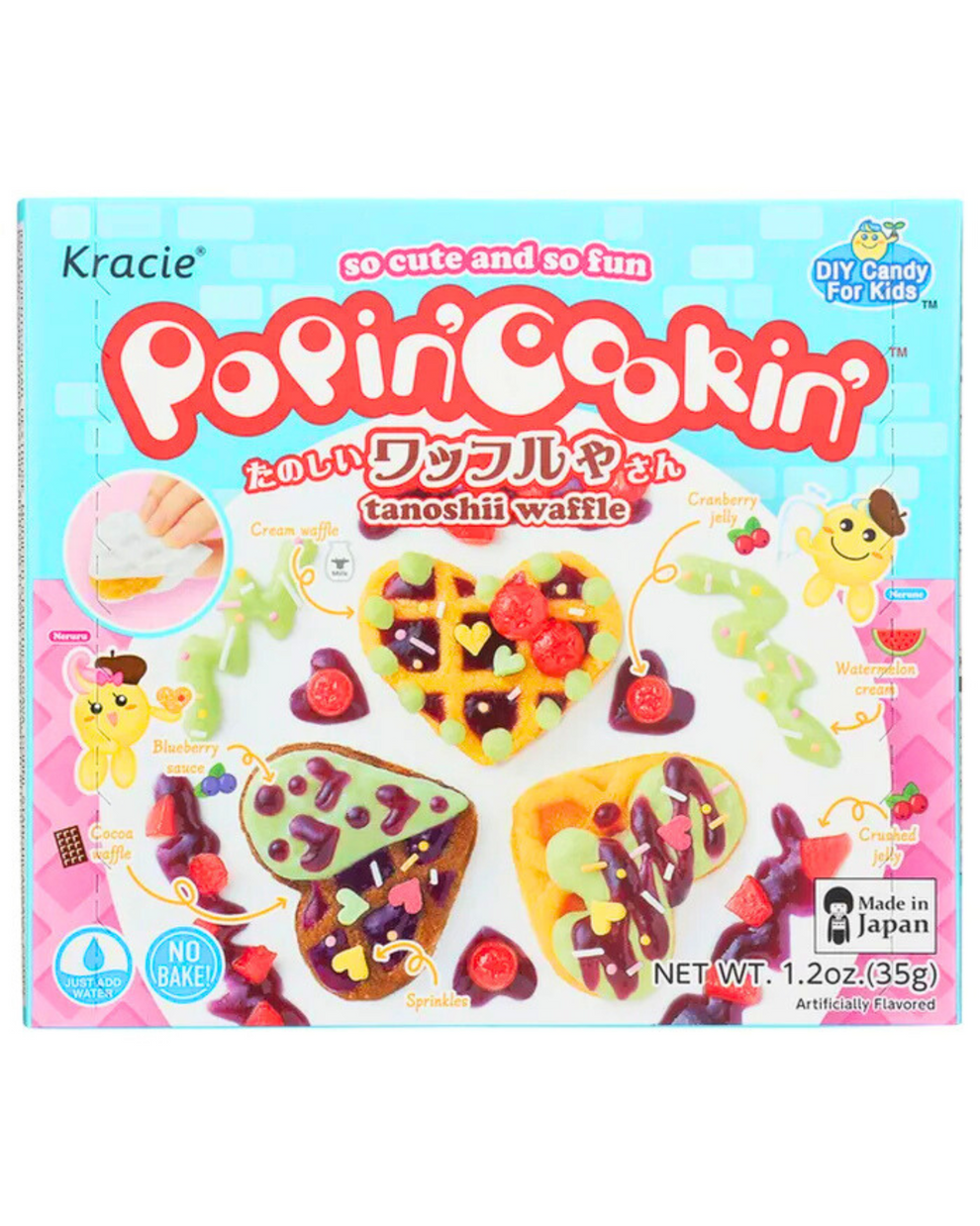 Front view of the DIY Candy Making Kit - Tanoshii Waffle packaging, displaying bright colors and cartoon illustrations. Front view of the DIY Candy Making Kit - Tanoshii Waffle packaging, displaying bright colors and cartoon illustrations.