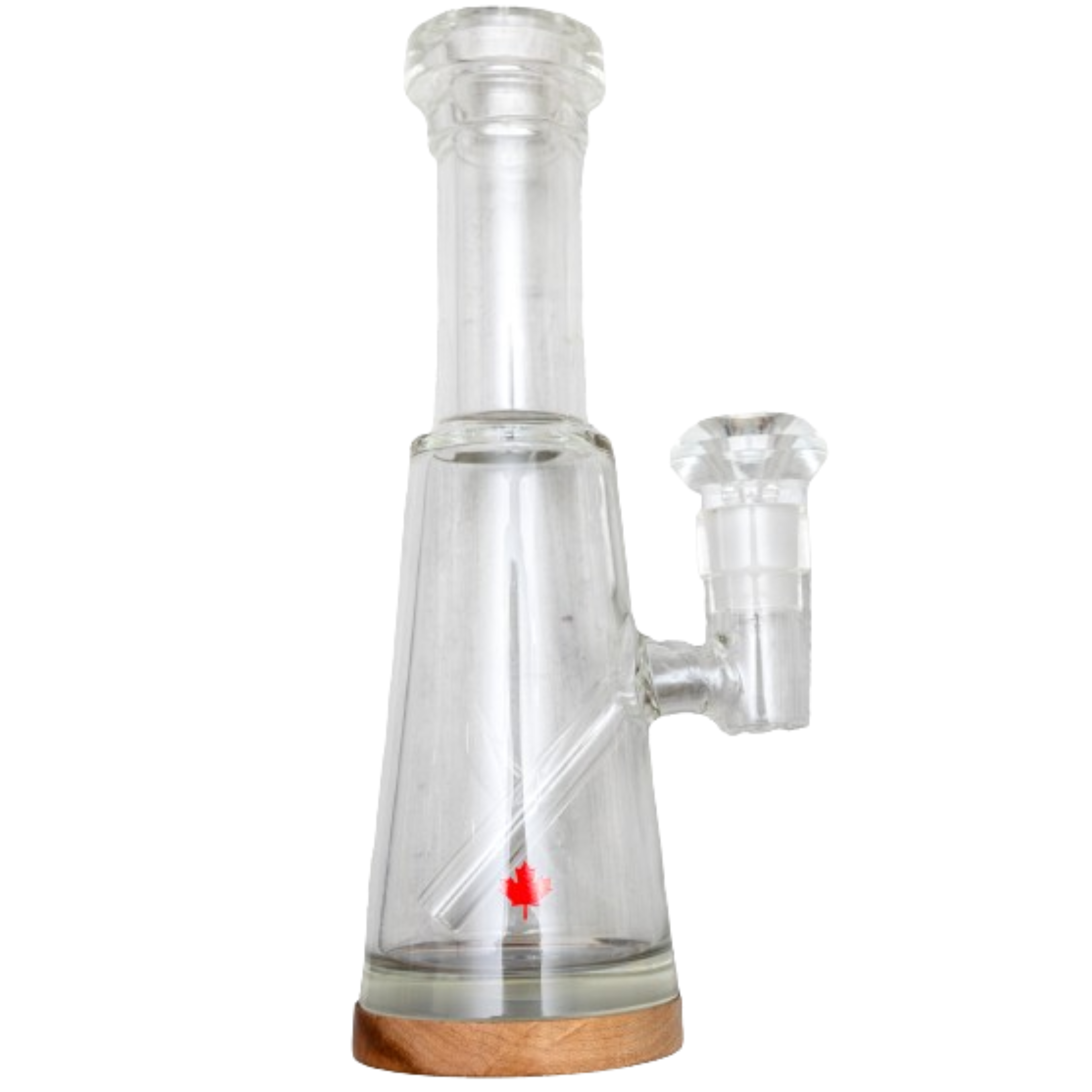Front view of the Polaris Water Pipe, a clear glass pipe with a wooden base and simple cylindrical form. Front view of the Polaris Water Pipe, a clear glass pipe with a wooden base and simple cylindrical form.