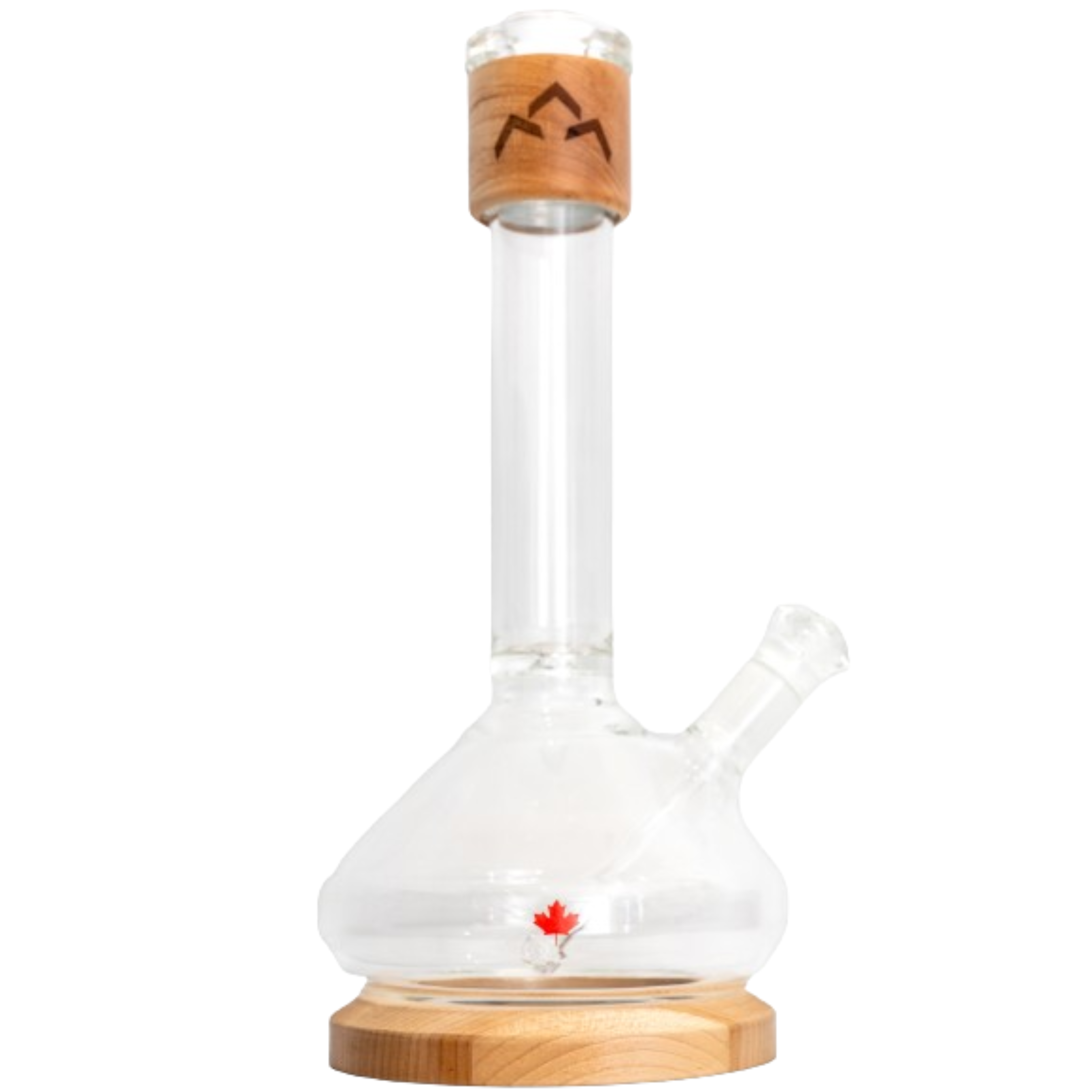Front view of the Borealis Beaker Bong, a clear glass piece with a wooden base, brightly lit against a plain white background. Front view of the Borealis Beaker Bong, a clear glass piece with a wooden base, brightly lit against a plain white background.