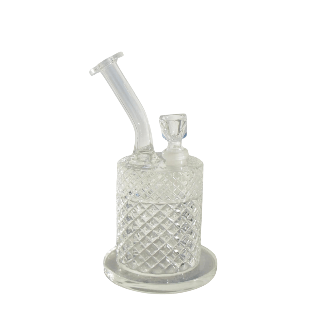 Front view of the Twenties Collection Water Pipe, a clear glass piece with a textured base and simple cylindrical shape. Front view of the Twenties Collection Water Pipe, a clear glass piece with a textured base and simple cylindrical shape.
