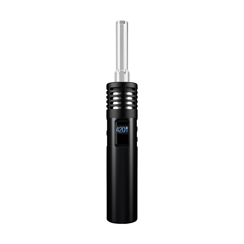 A studio shot of the Air MAX Dry Herb Vaporizer, a sleek black pen-shaped device with a minimalist design. A studio shot of the Air MAX Dry Herb Vaporizer, a sleek black pen-shaped device with a minimalist design.