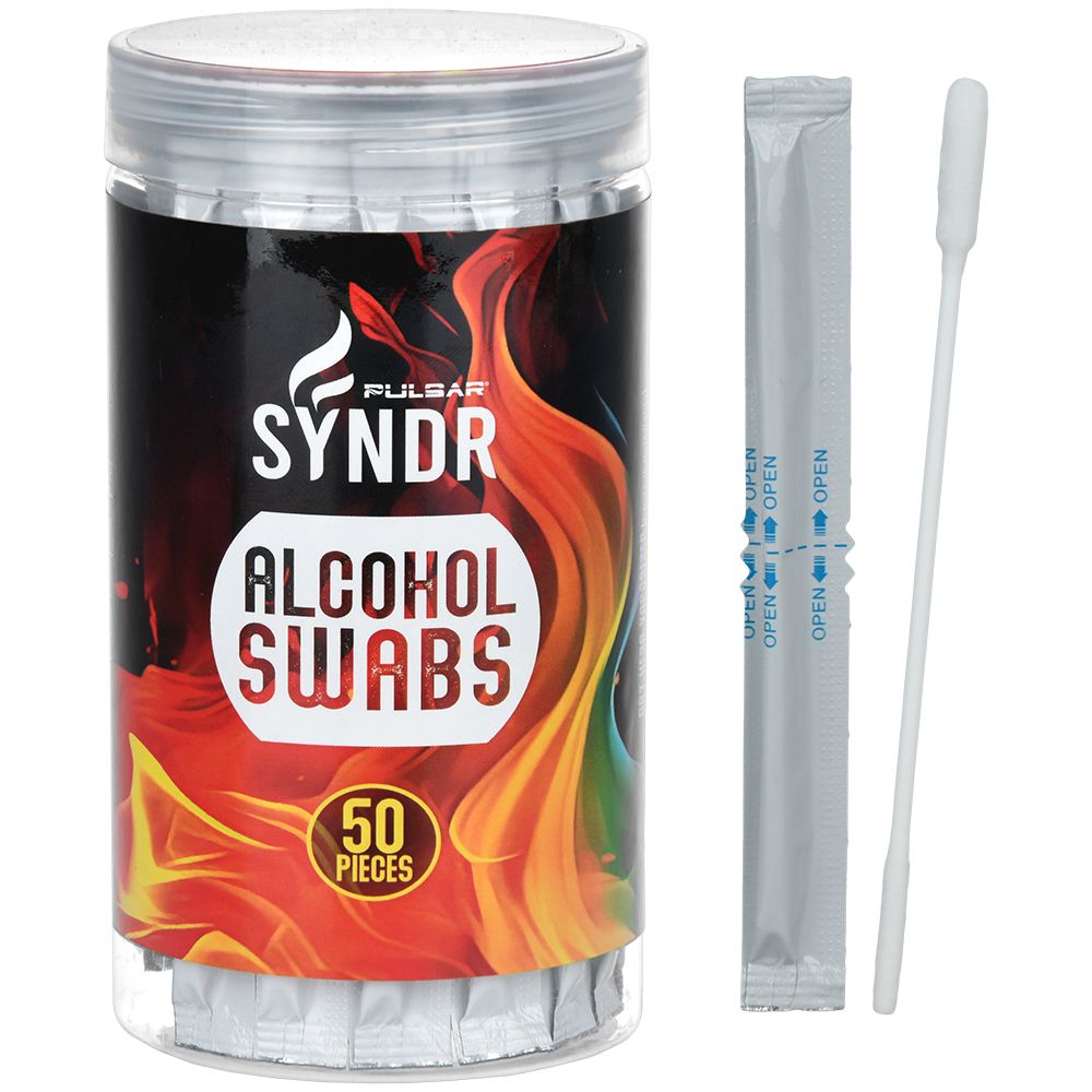 A close-up of the Syndr Alcohol Cotton Cleaning Swabs packaging, featuring bold red and white lettering on a cylindrical container. A close-up of the Syndr Alcohol Cotton Cleaning Swabs packaging, featuring bold red and white lettering on a cylindrical container.
