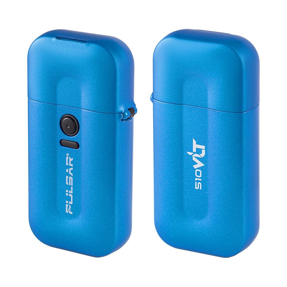 Front view of the VLT 510 Vape Battery Lighter, a sleek, blue device with a metallic button visible on its side. Front view of the VLT 510 Vape Battery Lighter, a sleek, blue device with a metallic button visible on its side.