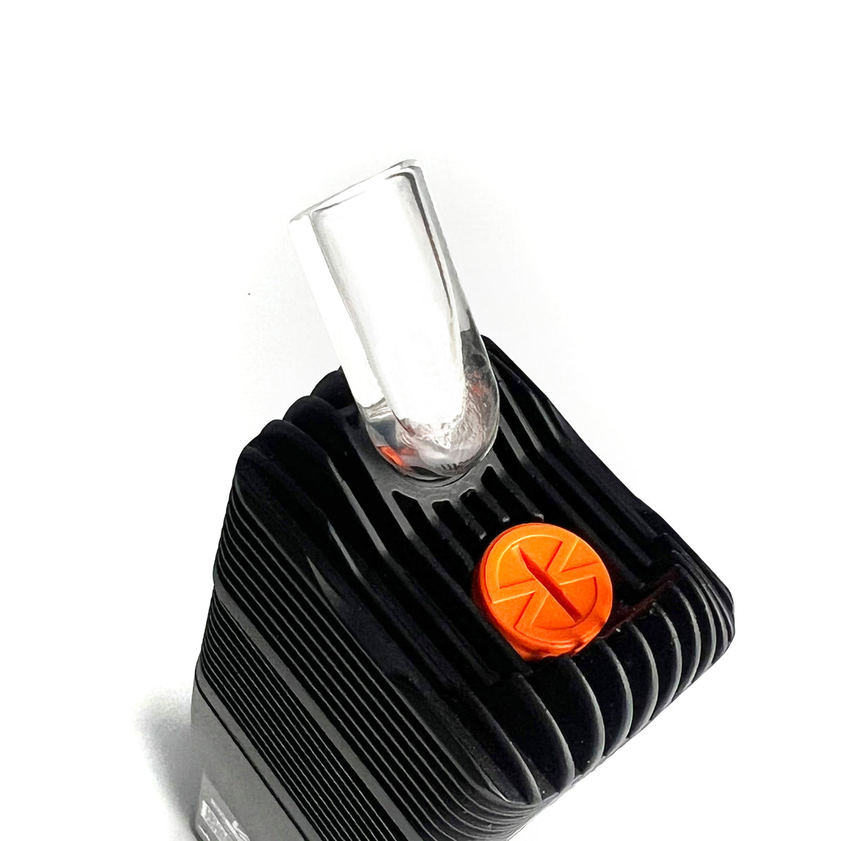 A close-up, angled view of the Venty Vaporizer glass mouthpiece, showing its clear construction and connection point. A close-up, angled view of the Venty Vaporizer glass mouthpiece, showing its clear construction and connection point.