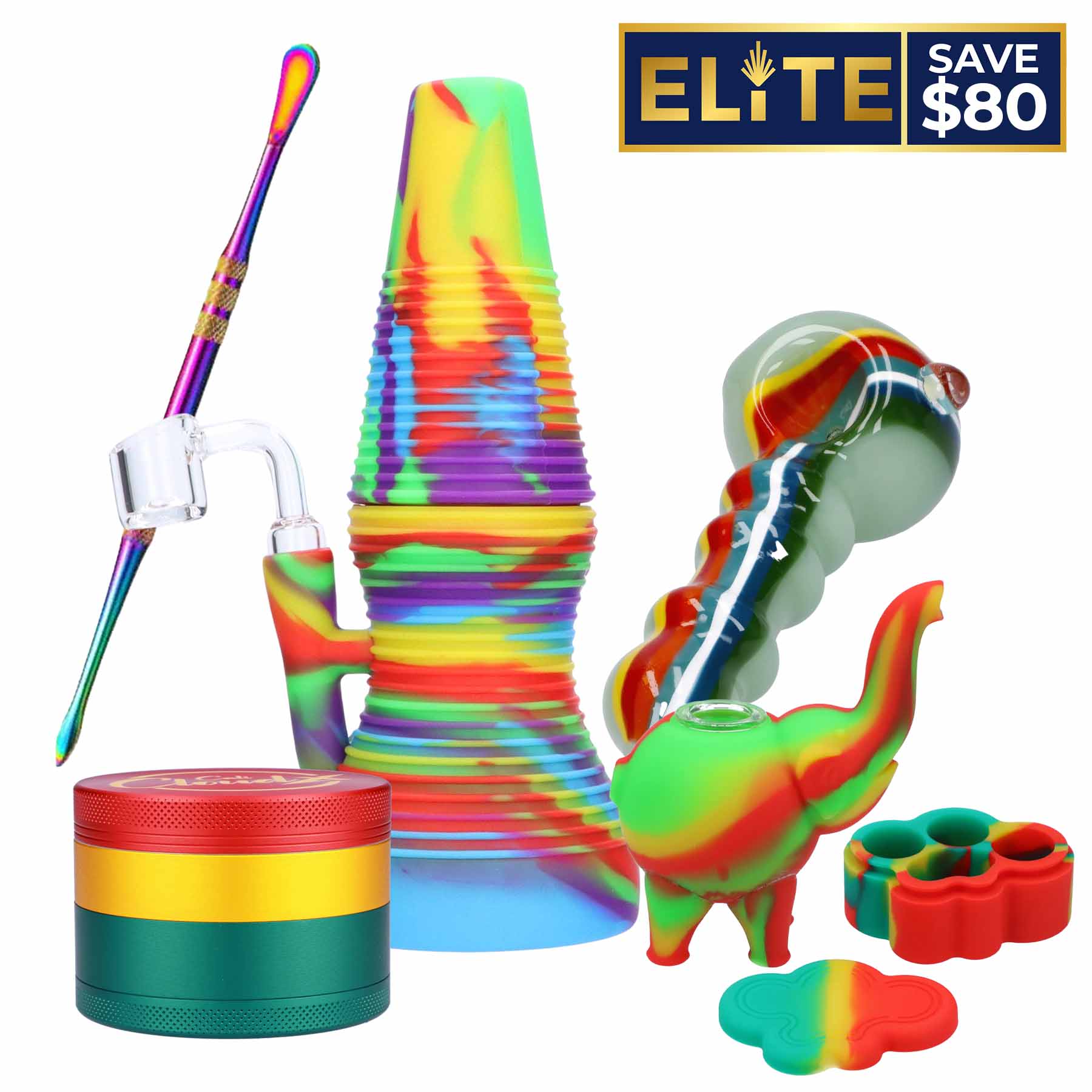 The Vivid Combo displays a brightly colored ceramic container alongside a water pipe and small, colorful silicone containers. The Vivid Combo displays a brightly colored ceramic container alongside a water pipe and small, colorful silicone containers.