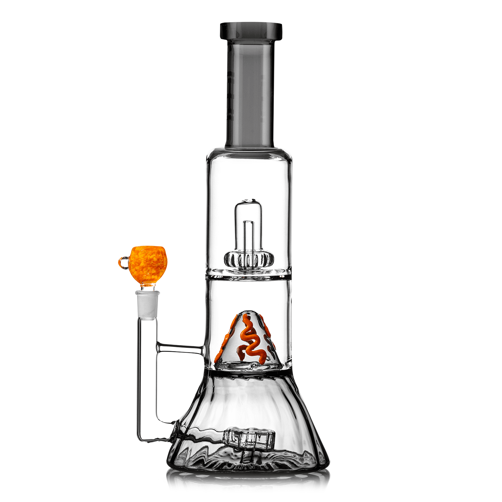 Front view of the Volcano XL Bong, a clear glass water pipe with a complex perc system, shown against a plain white background. Front view of the Volcano XL Bong, a clear glass water pipe with a complex perc system, shown against a plain white background.