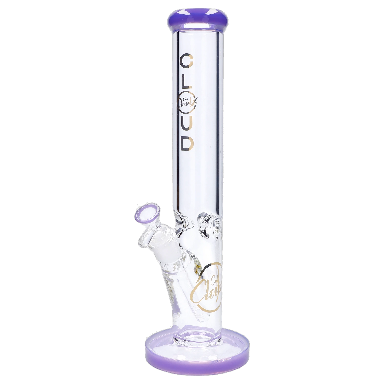 Front view of the Cali Cloud X 9mm 16-inch Straight Tube Water Pipe, featuring a clear glass tube with a slight blue tint. Front view of the Cali Cloud X 9mm 16-inch Straight Tube Water Pipe, featuring a clear glass tube with a slight blue tint.