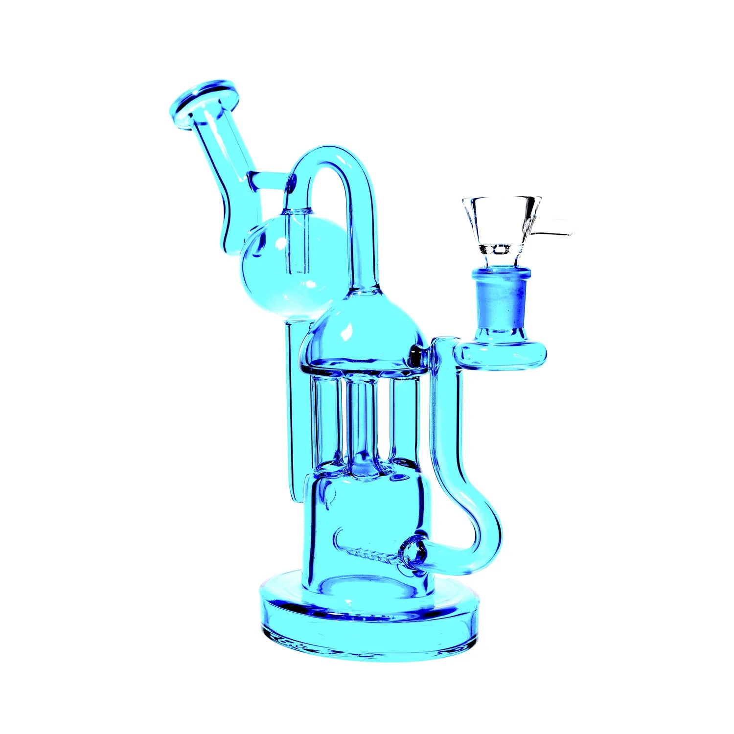 A front view of the Neon Scientific Inline Percolator and Big Bubble Water Pipe, showcasing its clear glass construction and multi-chamber design. A front view of the Neon Scientific Inline Percolator and Big Bubble Water Pipe, showcasing its clear glass construction and multi-chamber design.